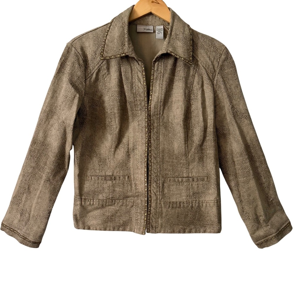 Chicos Platinum Sz 1 Snakeskin Print Rhinestone Embellished Jacket Tan Brown